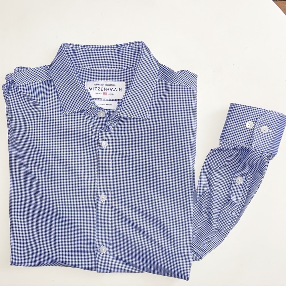 Mizzen+Main Men’s Spinnaker Performance Dress Shirt Blue Trim Fit Size XL